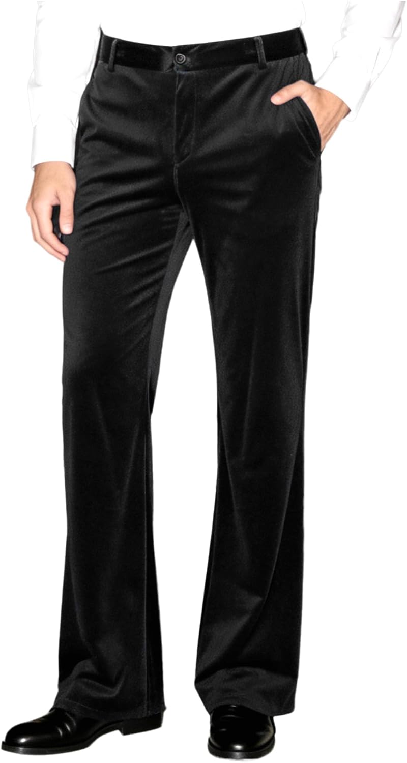 TiaoBug Mens Velvet Flared Pants Baggy Vintage Wide Leg Disco Pants Relaxed Fit 60s 70s Retro Trousers with Pockets