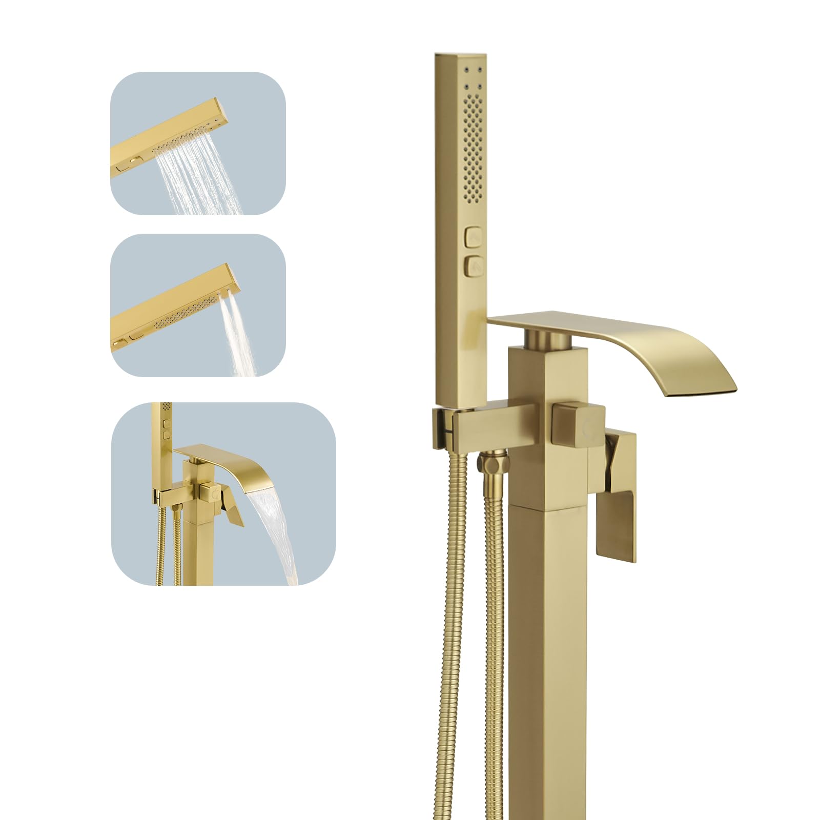 BESy Freestanding Tub Faucet Brushed Gold Floor Mounted Tub Filler Faucet Brass Bathroom Tub Faucets with 2 Function Hand Shower