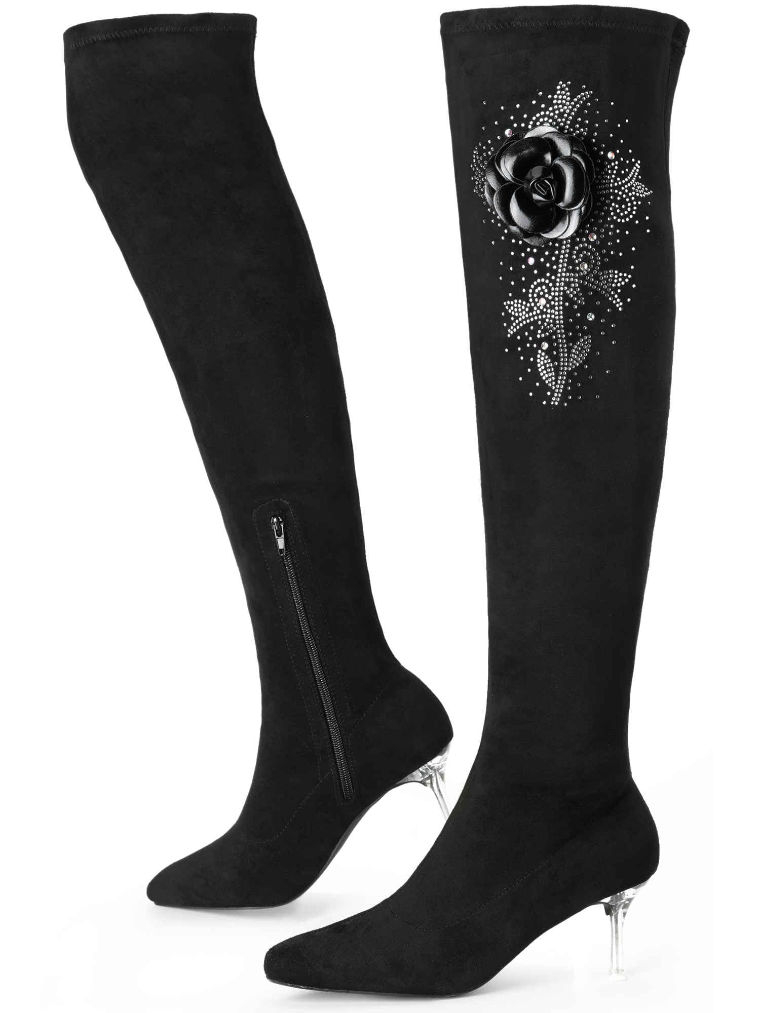 Perphy Rhinestone Flower Pointed Toe Stiletto Heel Over the Knee High Boots for Women