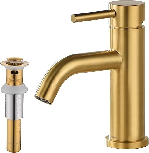 Rainovo Grifo de baño de una sola manija con desagüe de fregadero desplegable dorado cepillado, grifo de fregadero de baño de un solo agujero, grifo