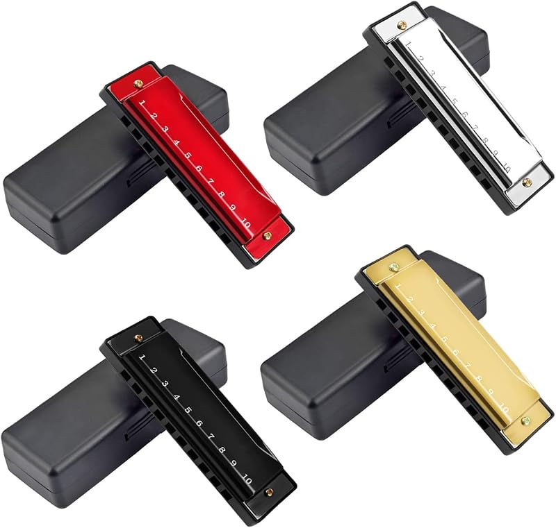 UPINS 4PCS Key of C 10 Hole 10 Tones Titanium Color Harmonica | Portable with Case,Rich Sound Diatonic Music Gold Silver Black Red,for Adults Student Beginners, Professionals, Gifts