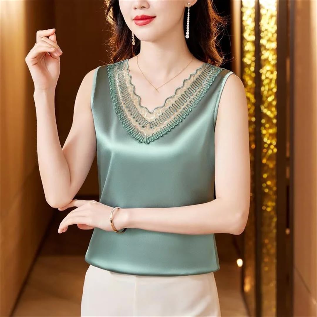 Camicia da donna in seta con ricamo in pizzo estivo senza maniche Top allent