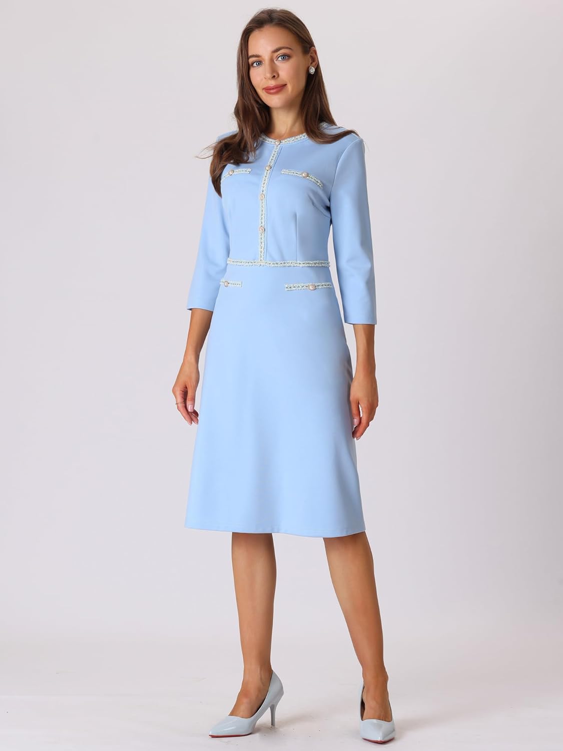 Women's Church A-Line Work 3/4 Sleeve Tweed Midi Dresses - Image 3