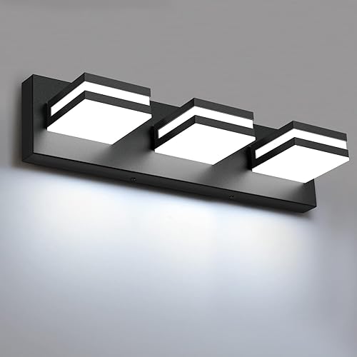 IZORRO Luces LED modernas para baño (3 luces), iluminación de pared acrílica negra mate, luces de tocador para baño sobre espejo - 6000 K 16 pulgadas