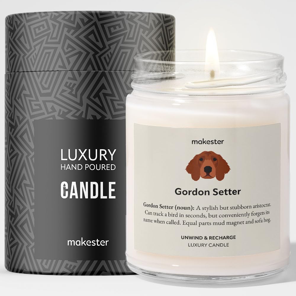 Gordon Setter Gifts - Luxury Soy Wax Candle - Vanilla, Jasmine, Sugared Almond - Makester, White