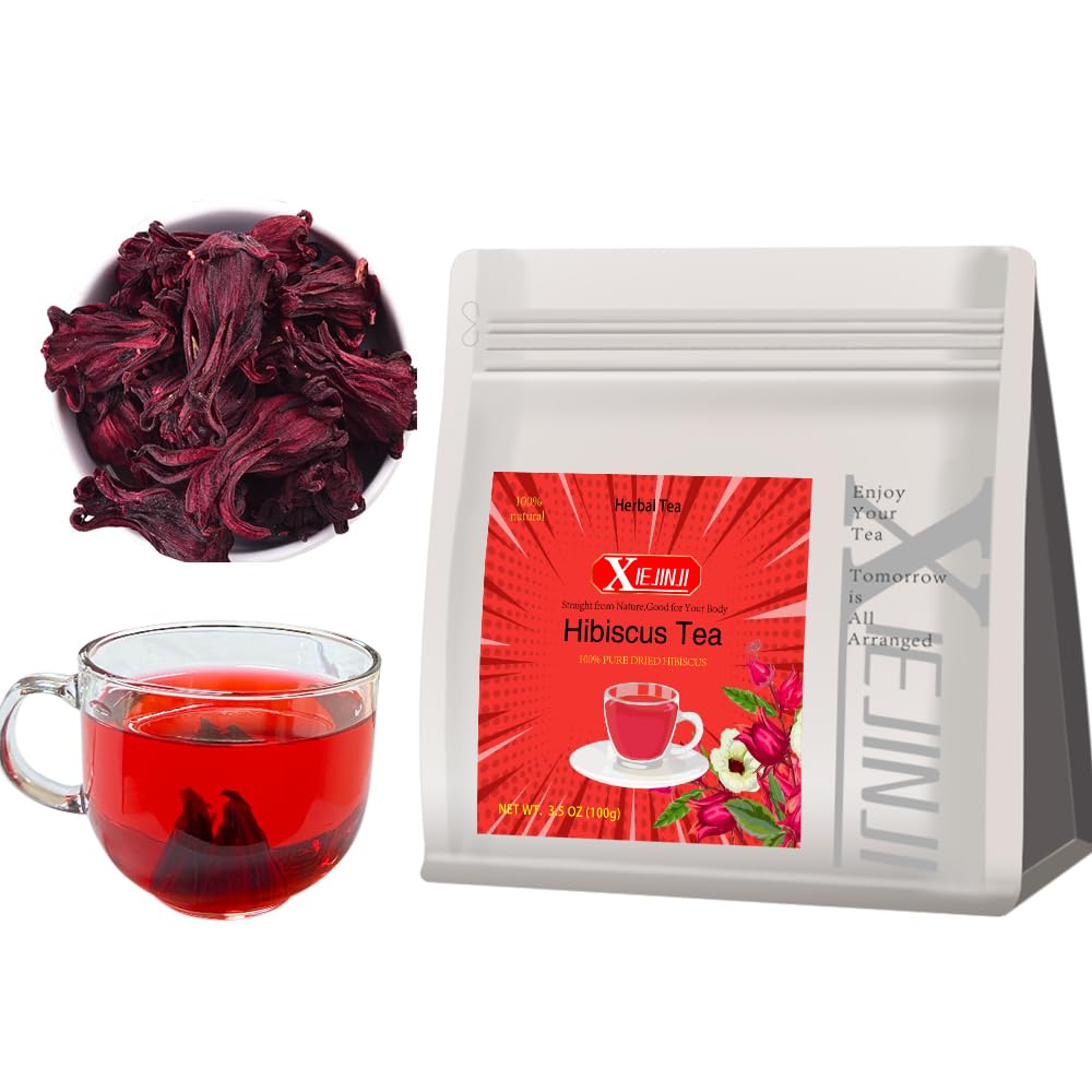 XIEJINJI Hibiscus Tea, Natural Dried Hibiscus Flowers, Herbal Tea, 3.5oz/100g Refreshing Tart Flavor, Caffeine Free, Resealable Bag