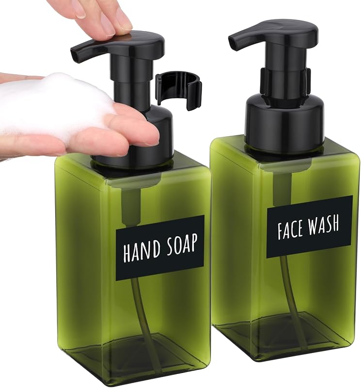 Segbeauty 15.2oz Refillable Green Foaming Soap Dispenser for Bathroom with Labels, 2pcs Empty Foam Pump Bottle for Shampoo Face Wash Container, 450ml Plastic Square Liquid Hand Soap Dispensers Kitchen