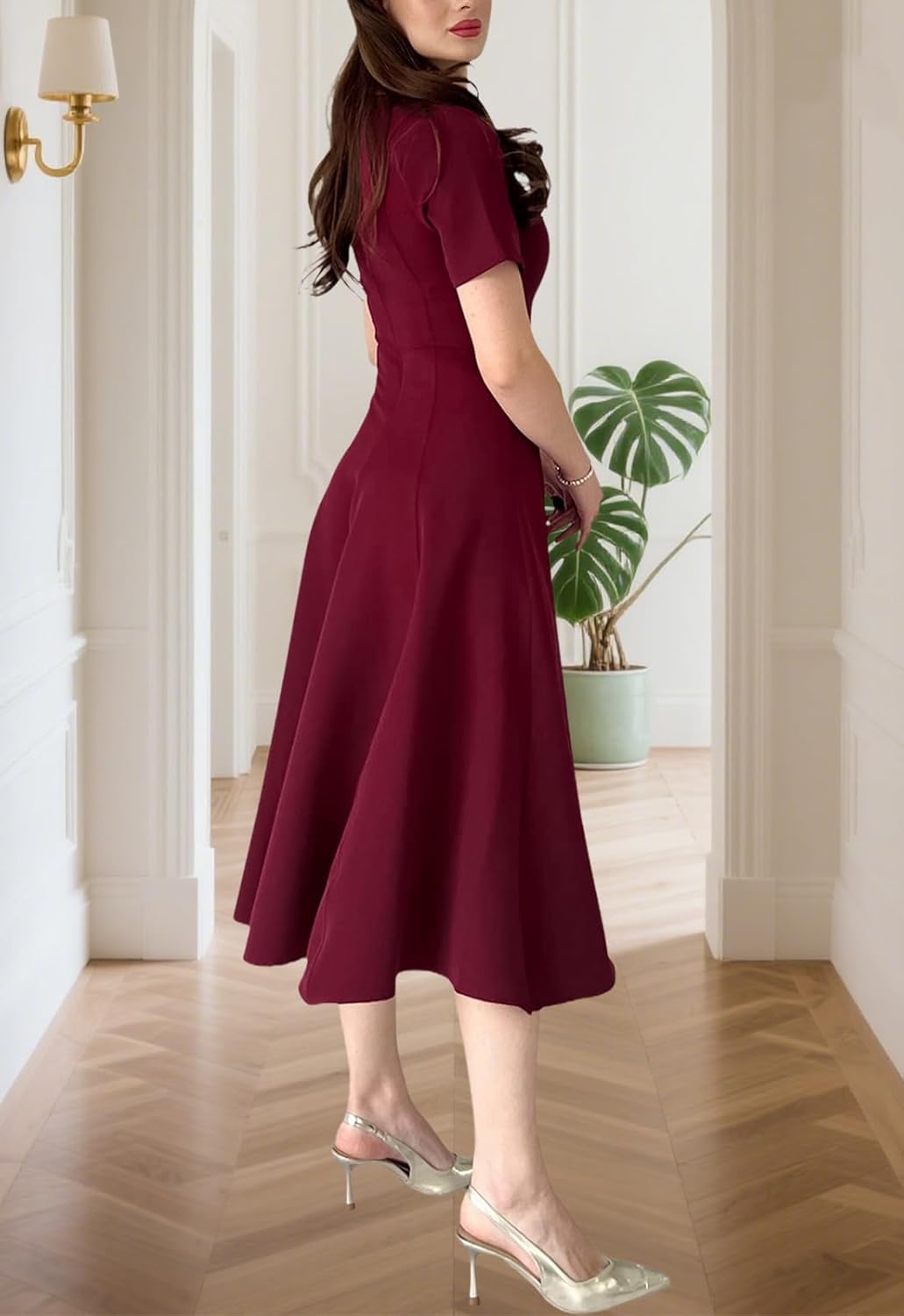 Women's Summer Round Neck Midi Dress Short Sleeve Fit and Flare Elegant A-Line Business Swing Dresses - Image 6