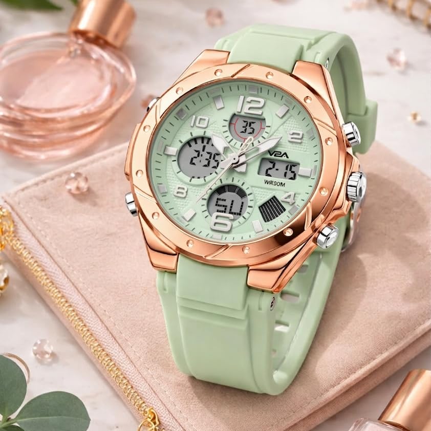 Image of V2A Aura Edge 40mm Analog Digital Watch for Women | Modern Everyday Style | Alarm Stopwatch Backlight Day Date | Comfortable TPU Strap | 50M Water Resistant | Gift for Ladies