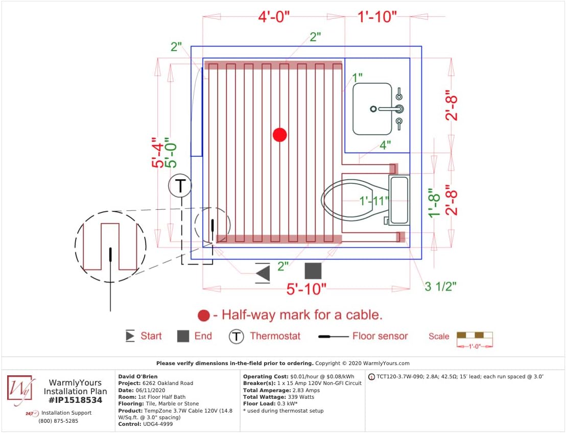 Super Brands WarmlyYours TCT120-KIT-OW-090 TempZone Electric Floor Heating Cable Kit with Strips, 90 ft. (22.5 sq. ft.)