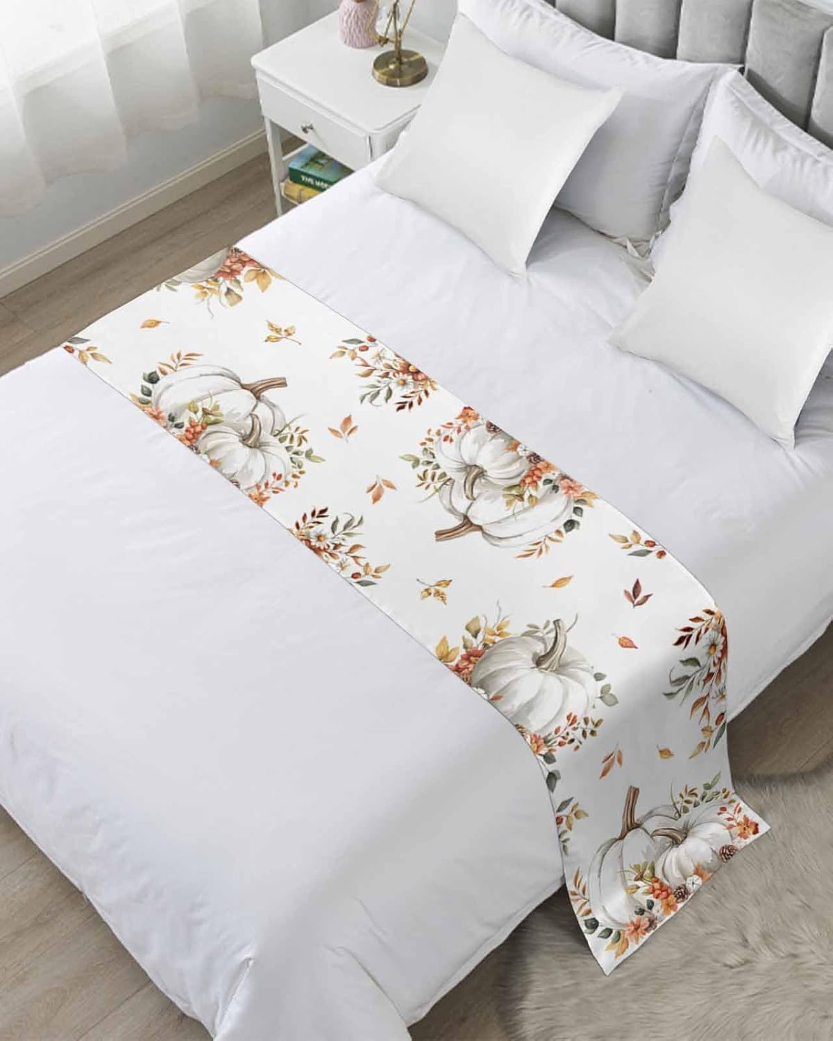 Thanksgiving Bed Runner Scarf Thanksgiving Grey Pumpkin Fall Floral Maple Leaves Bedding Scarf Decorative Bed Runners Cover for Home Bedroom Hotel Wedding Room Bed Scarf for Foot of Bed King 102x20in