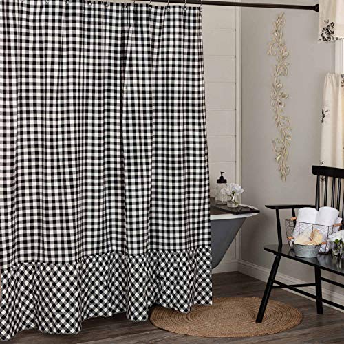 Vintage Check Black Shower Curtain, 72" x 72", Modern Farmhouse Gingham Country Cottage Bathroom Accent