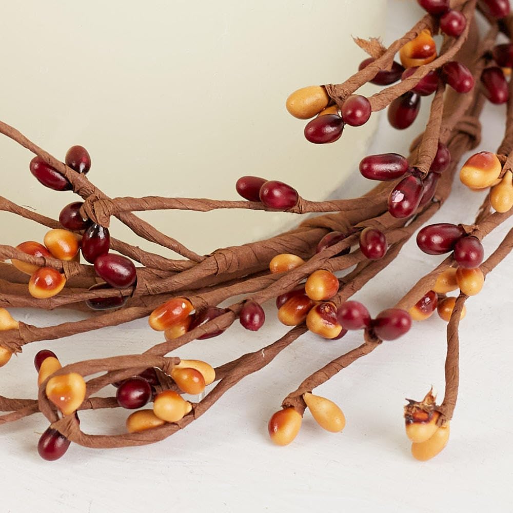 Artificial Mustard and Burgundy Pip Berry Candle Rings – Pack of 2 Fall Berry Farmhouse Home Decor for Centerpiece Decorations (Size: 8" diam)