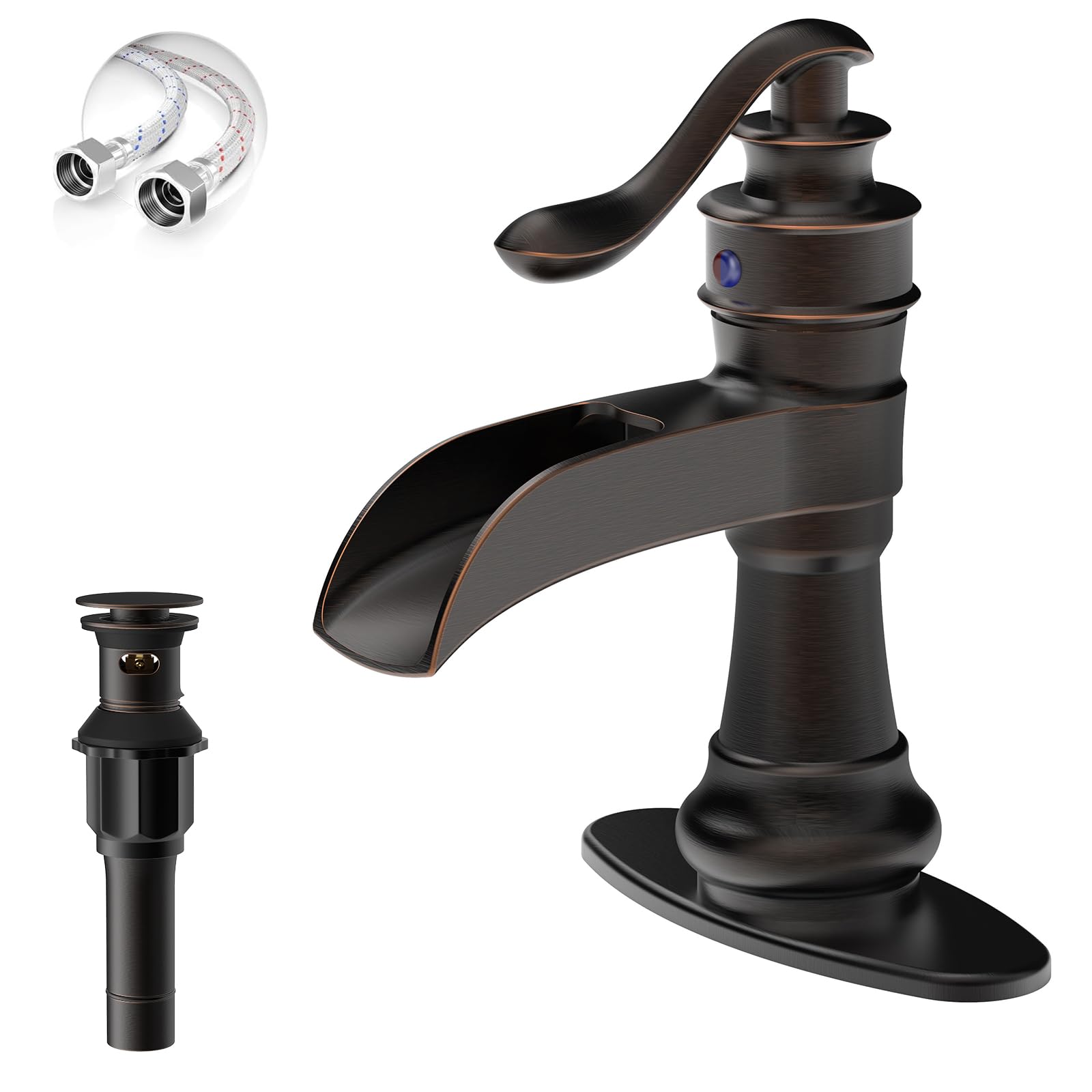 Nfusrxmbk Bronze Oil Rubbed Bathroom Faucet, Waterfall Bathroom Sink Faucet, Farmhouse Bathroom Faucet, Single Hole Single Handle Rv Lavatory Vanity Vintage With Pop Up Drain With Overflow