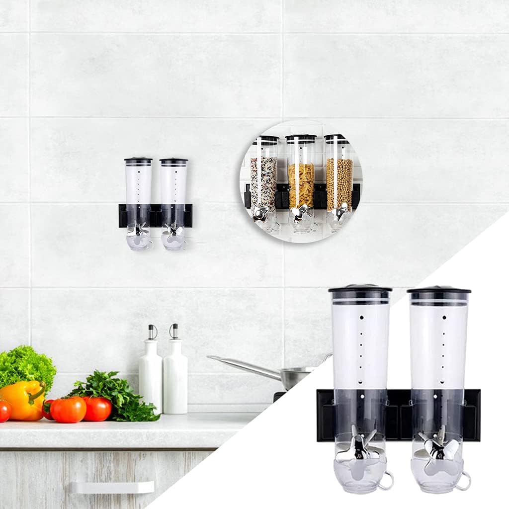 #N/A Wall Mount Dry Food Dispenser Kitchen Storage with Small Cups for Storing Small Grain Foods, Candy, Oatmeal, and Cereals - Double Black -