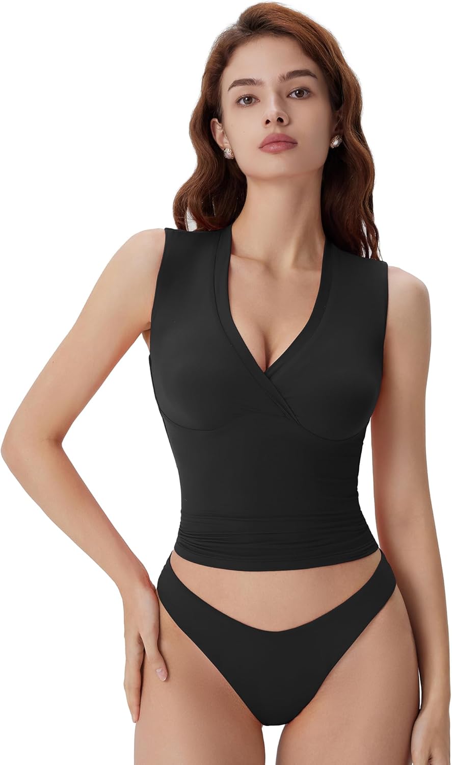 SUUKSESS Women Built in Bra V Neck Tank Tops Double Lined Summer Going Out Camisole Tops