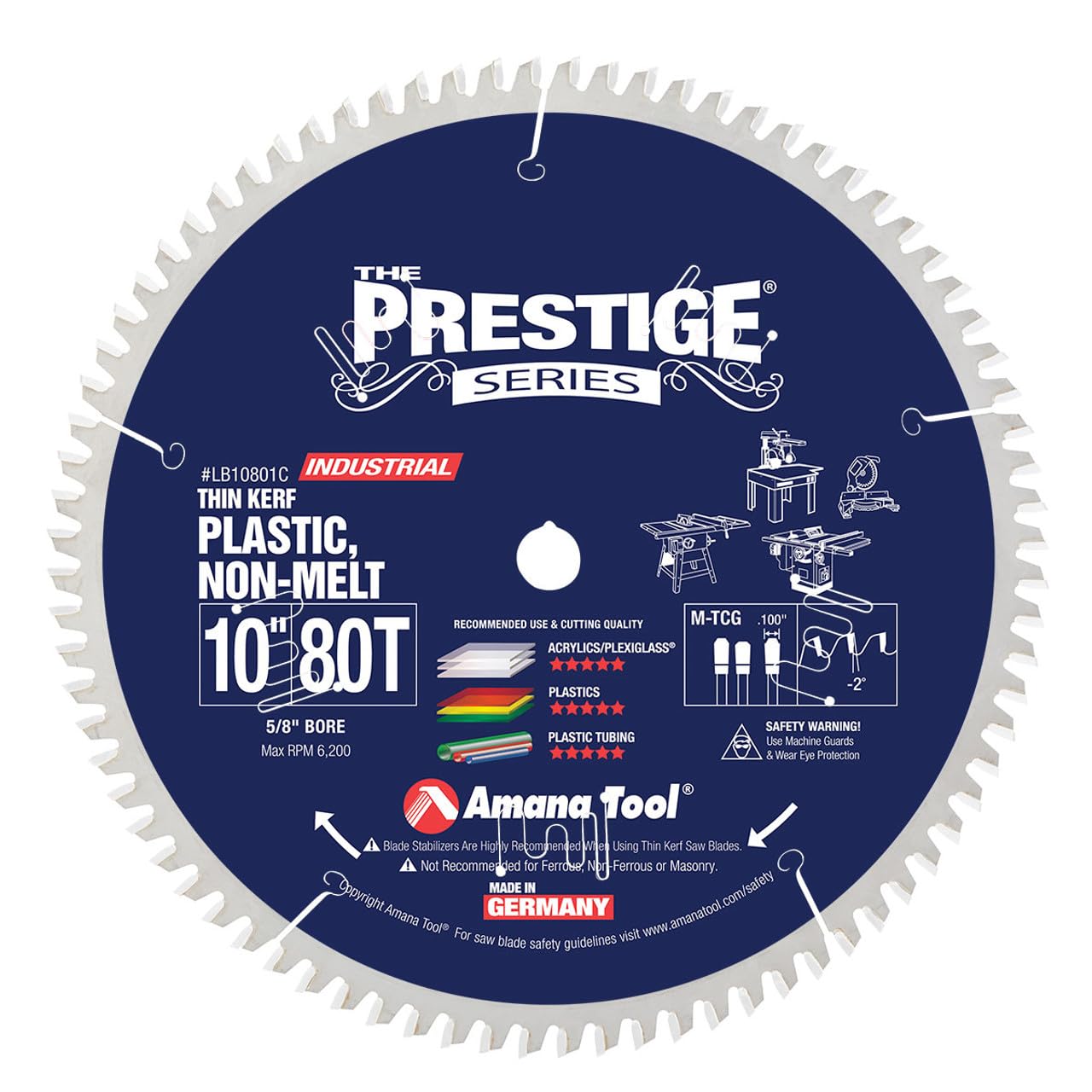 Photo 1 of Amana Tool LB10801C Carbide Tipped Prestige Non-Melt Plastic 10 Inch D x 80T M-TCG, -2 Deg, 5/8 Bore Circular Saw Blade