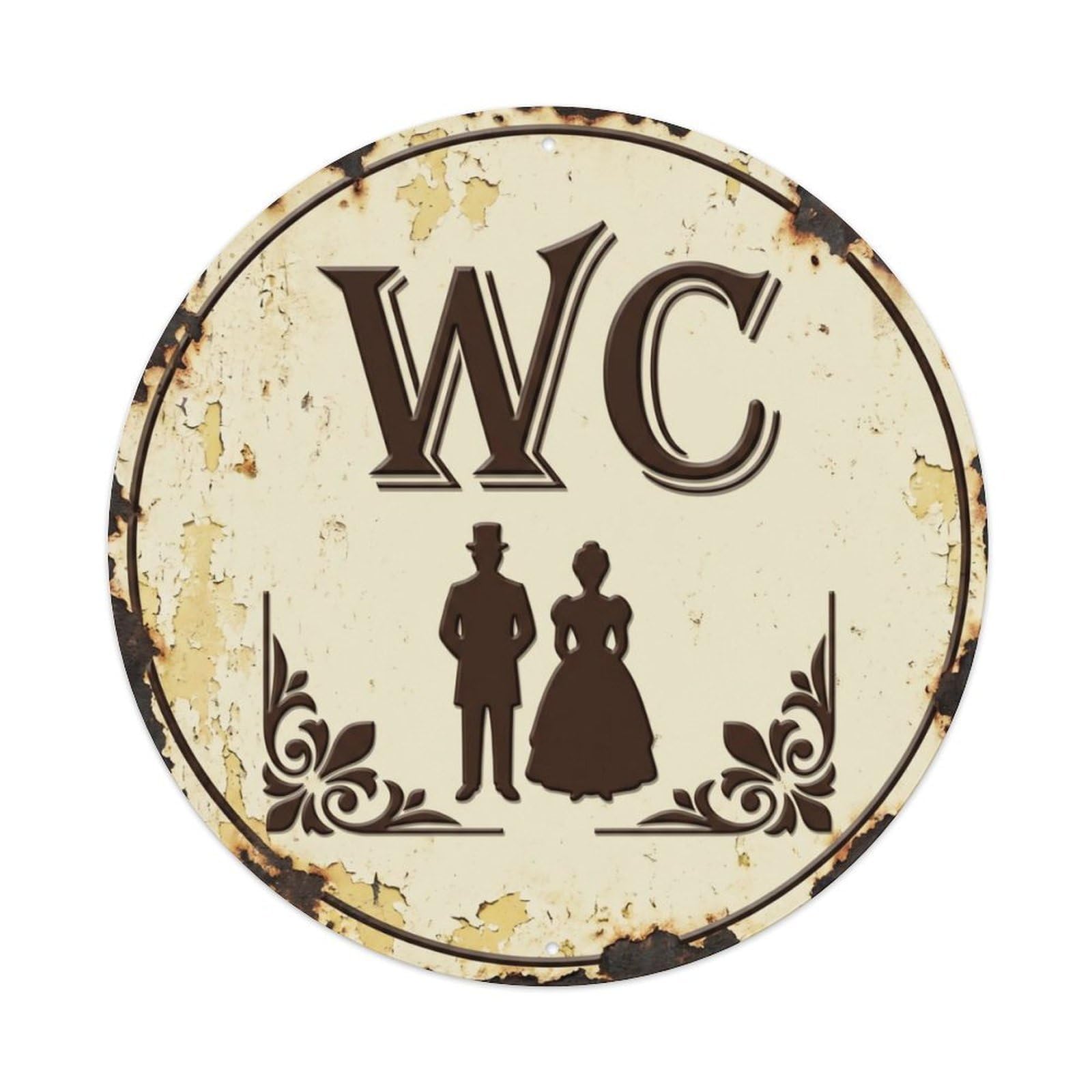 Toilet （WC） Shabby Ivory Restroom Metal Tin Sign Plaque Wall Decor for Cafe, Club Bar, Office, Home Garden Round Metal Poster 8x8Inch