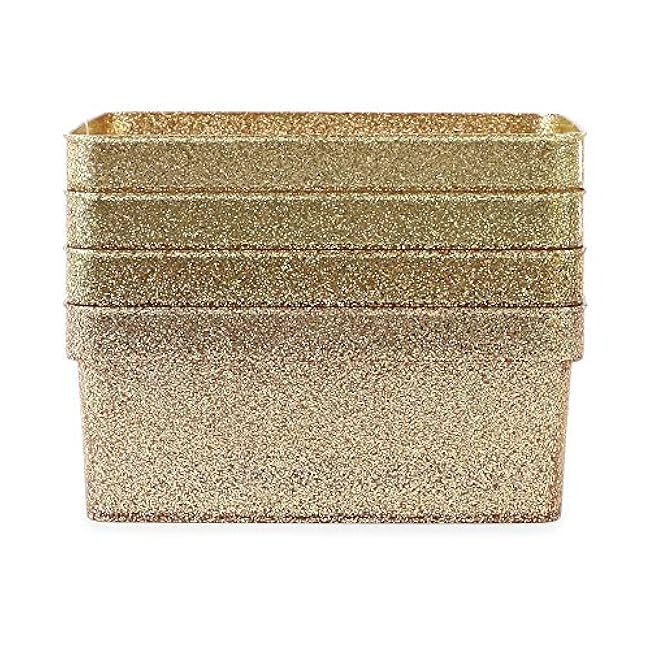 Isaac Jacobs Small Glitter Storage Bin (10¡± x 7.5¡± x 4.25¡±) Set w/Cut-Out Handles, Plastic Organizer, Multi-Functional, Home Storage Solution, Kids Playroom, Bedroom, Closet (4, Gold)