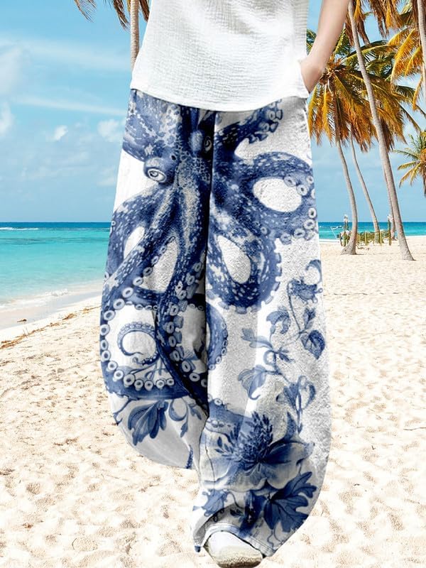 ZOCAVIA Boho Floral Lantern Pants for Women Summer Baggy Japanese Style Wide Leg Pants Elastic Hippie Trouser with Pockets