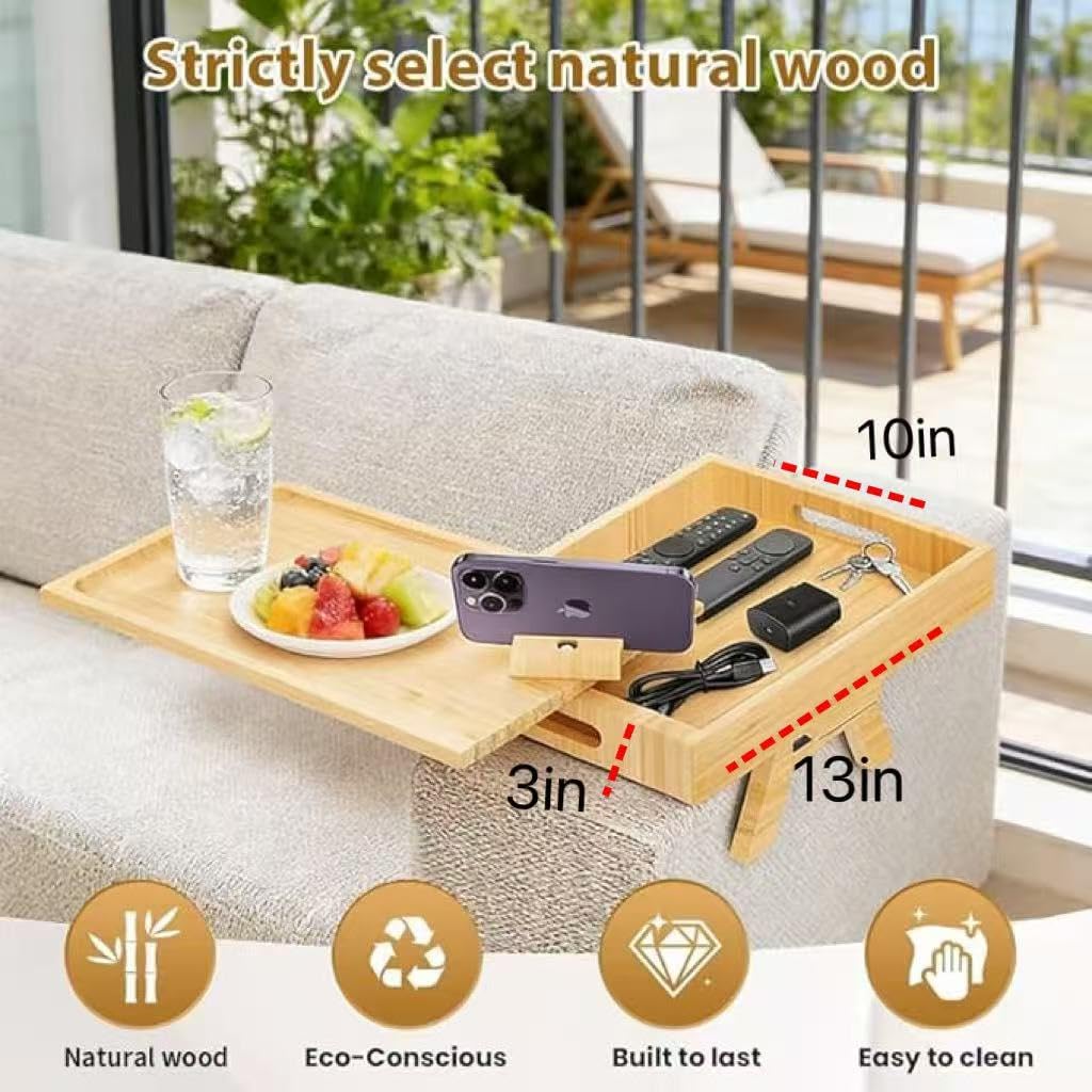 Couch & Sofa Arm Tray Table with Phone Holder, Anti-Slip Sofa Armrest Tray for Drinks, Snacks, Remote Control, Fits Most Couches, Beds Brown