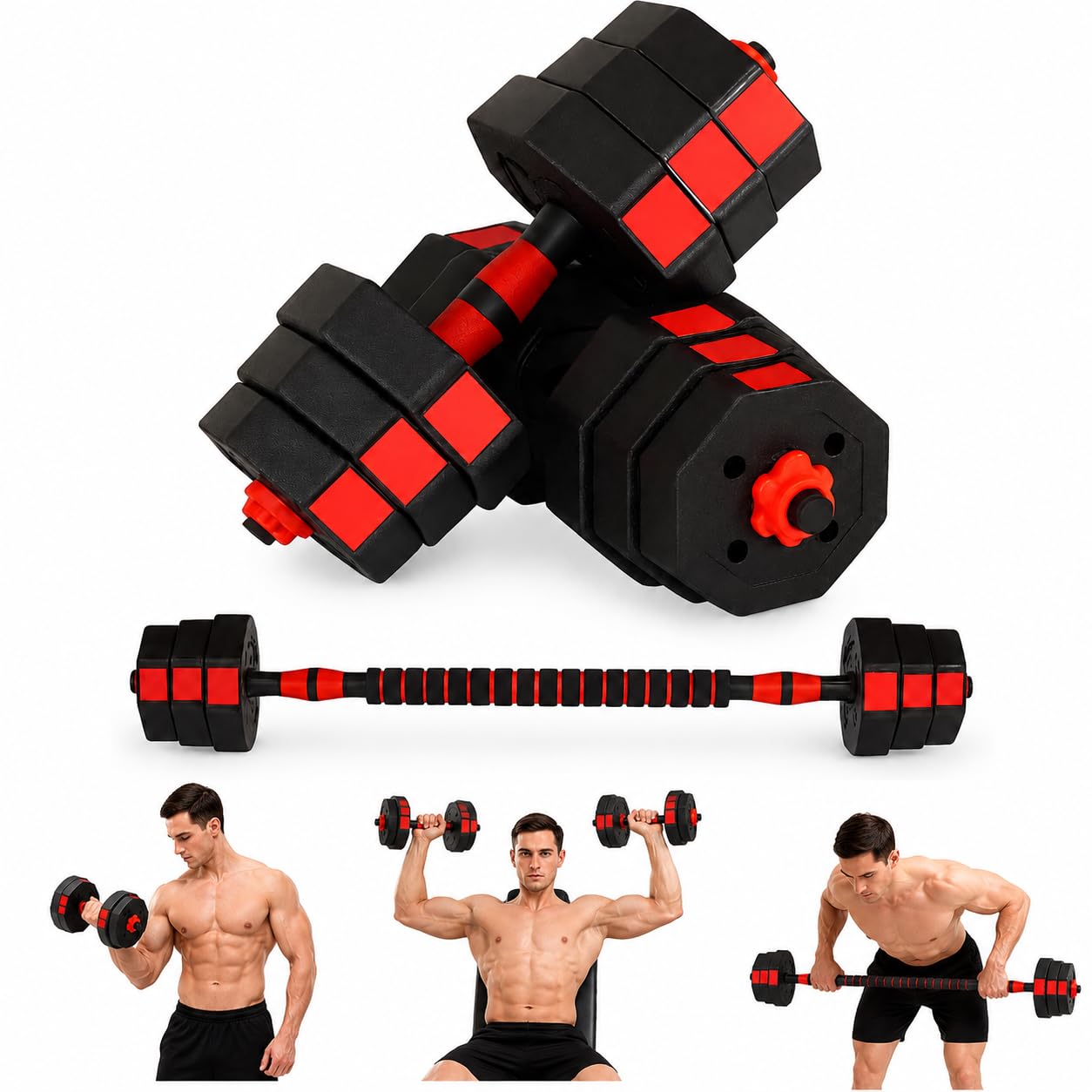 30KG Adjustable Dumbbells, 2 in 1 Dumbbell Barbell Combination with Adjustable Weight Plates, Connecting Rod, Secure Spinlock Collars and Textured Handles for Full Body Training