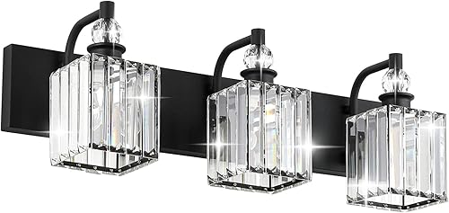 Ralbay Lámpara de tocador negra cristalina para baño, 3 luces de 24 pulgadas, modernas lámparas de tocador de baño negro mate sobre espejo de pared