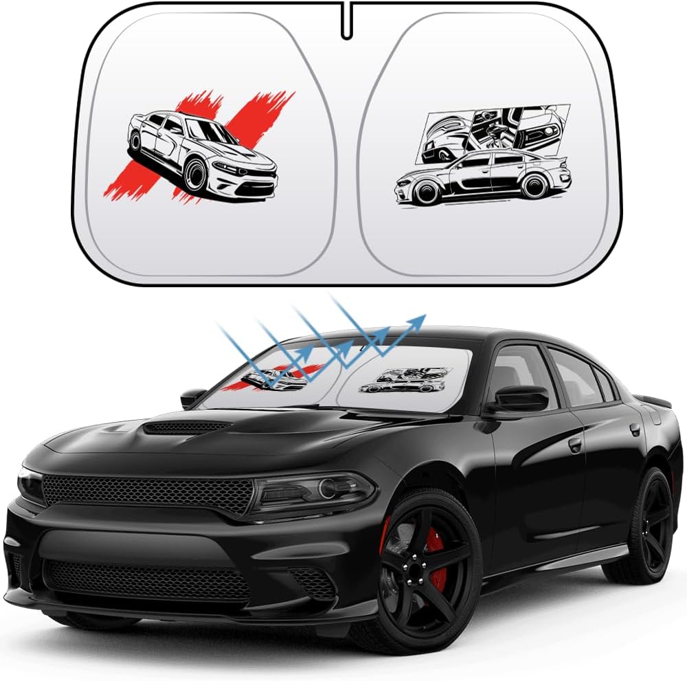 Car Windshield Sun Shade with Unique Logo Compatible for Dodge Challenger Charger Hornet Blocks UV Rays Sun Visor Protector Front Window Sunshade Visor Accessories (Comic, Charger)