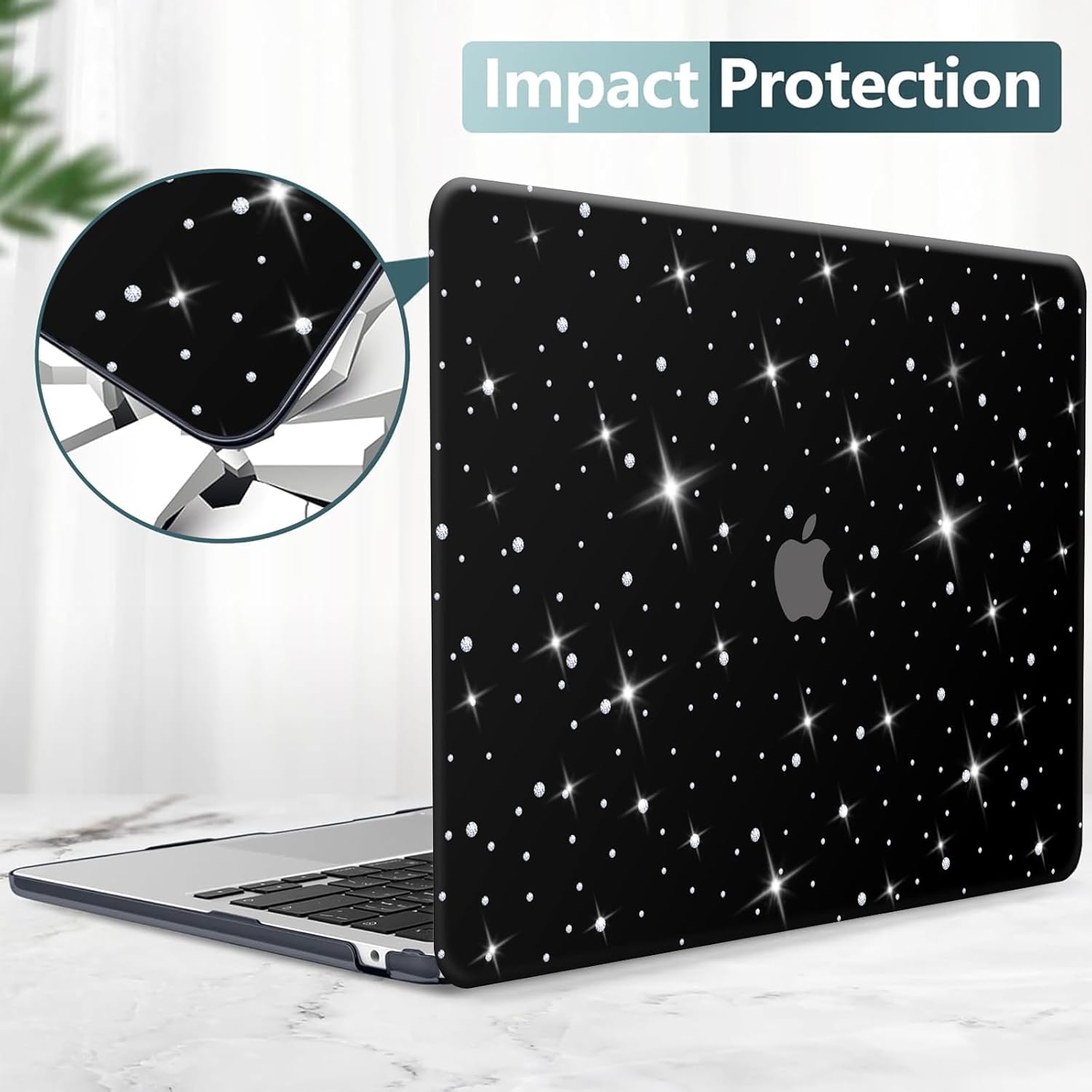 KEROM Diamond Case for MacBook Pro 13 inch 2024-2016 M2 M1 A2338 A2289 A2251 A2159 A1989 A1706 A1708, Luxury Bedazzled Bling Shiny Sparkle Glitter PU Leather Hard Shell Case & Keyboard Cover, Black - Image 3