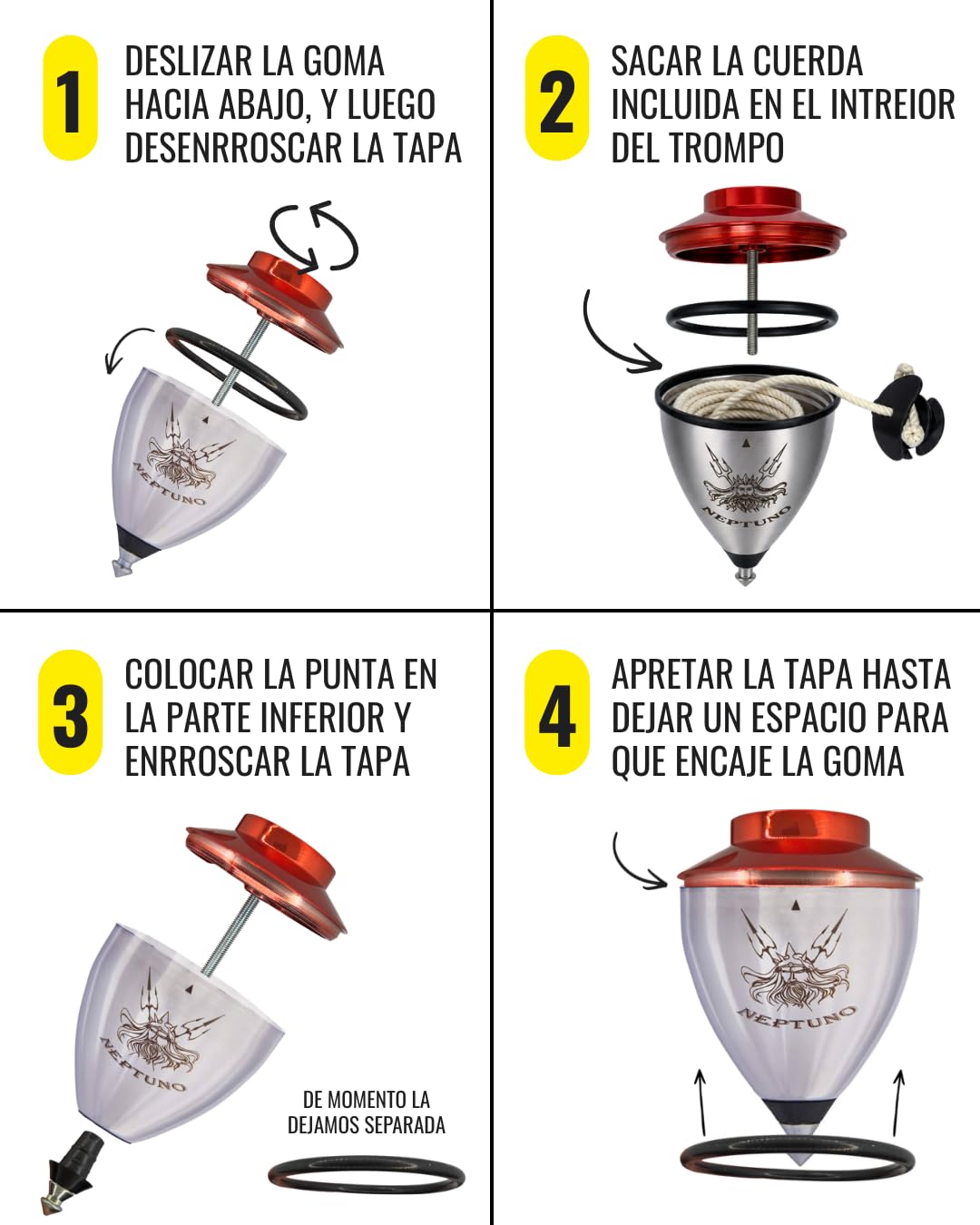TROMPOS SPACE - Trompo Profesional Neptuno Roller de Acero Inoxidable, Peonza con Punta Roller de Doble Rodamiento, Regulador de Vibraciones, Diseño para Trucos Avanzados, Incluye Cuerda, Color Rojo