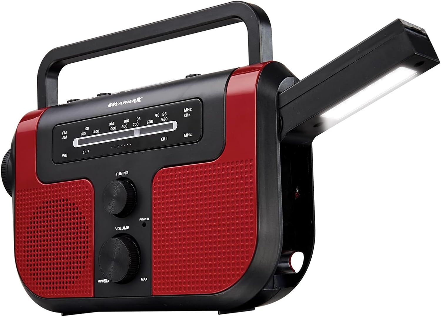 Weather X WR383R radio with the lantern panel extended and illuminated