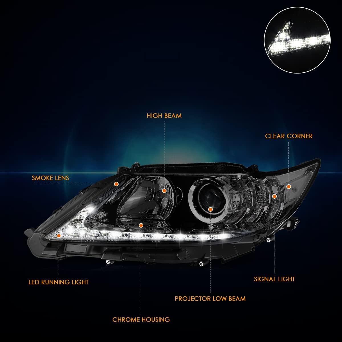 PM PERFORMOTOR Headlights Assembly Compatible with 2013 2014 2015 Lexus ES300H / ES350 LED Projector Headlamps with Clear Corner