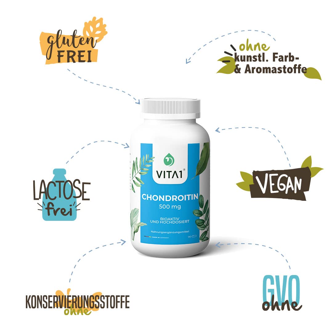 VITA1 Chondroitin 500mg • 90 Kapseln (6 Wochen Vorrat) Chondroitinsulfat von 90%natürlichen Chondroitin