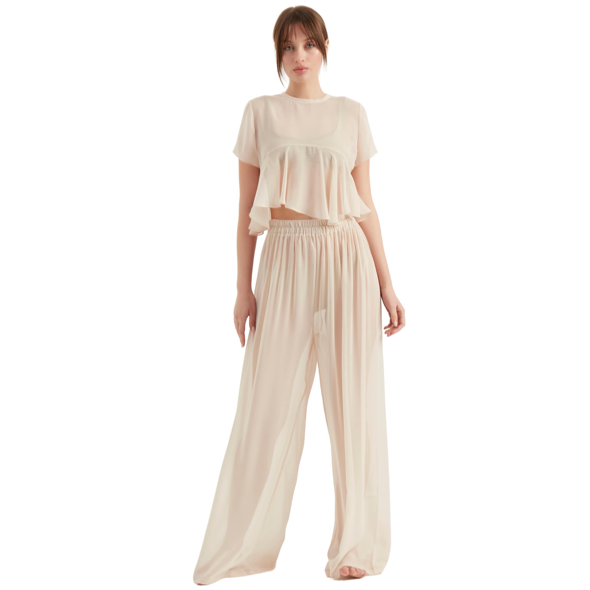 TUBANUR Womens Chiffon Pants Wide Leg Elastic Waist Loose Trousers Summer Women Pants