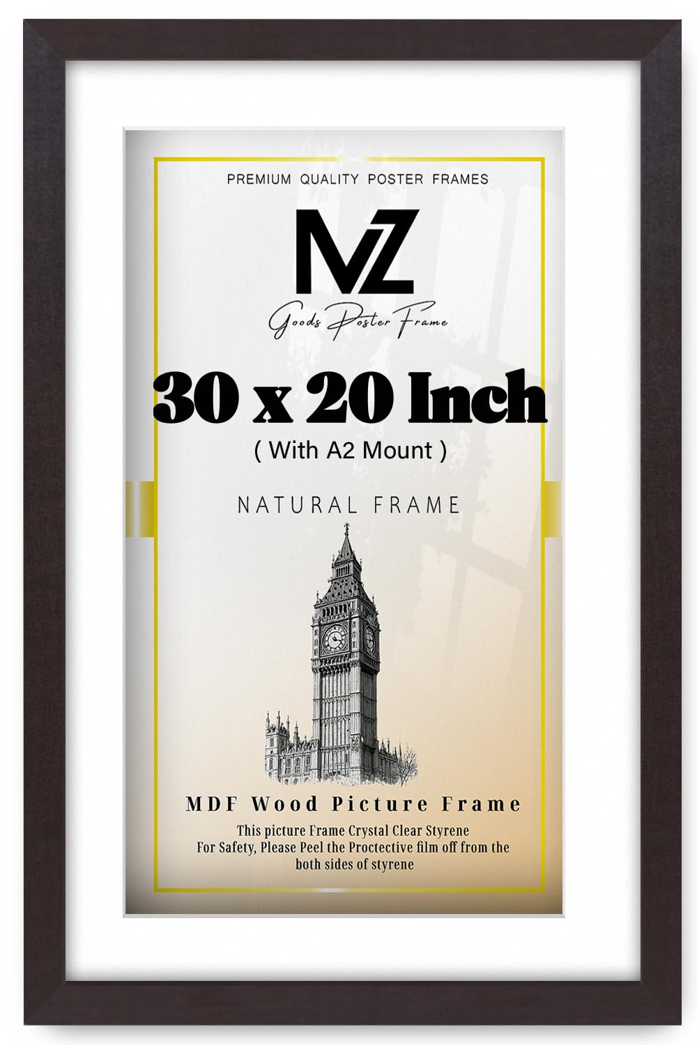 MZ GOODS | MDF Minimalist Wall Hanging Frame (76.2 x 50.8 cm) With A2-(23 x 16 Inch) White Mount Engineered Wood | 30 x 20 Award, Painting, Artistic, Decorative Frame [ Mahogany ]