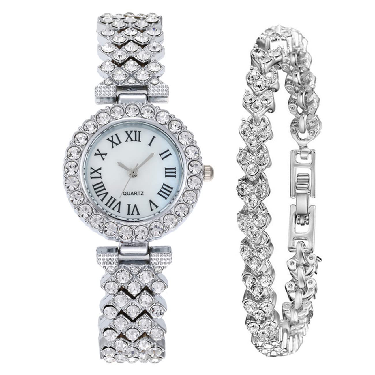 CdyBox Lady Elegant Small Dial Quartz Watch with Diamond Bracelet Watch Set Dress Wrist Watches Silver