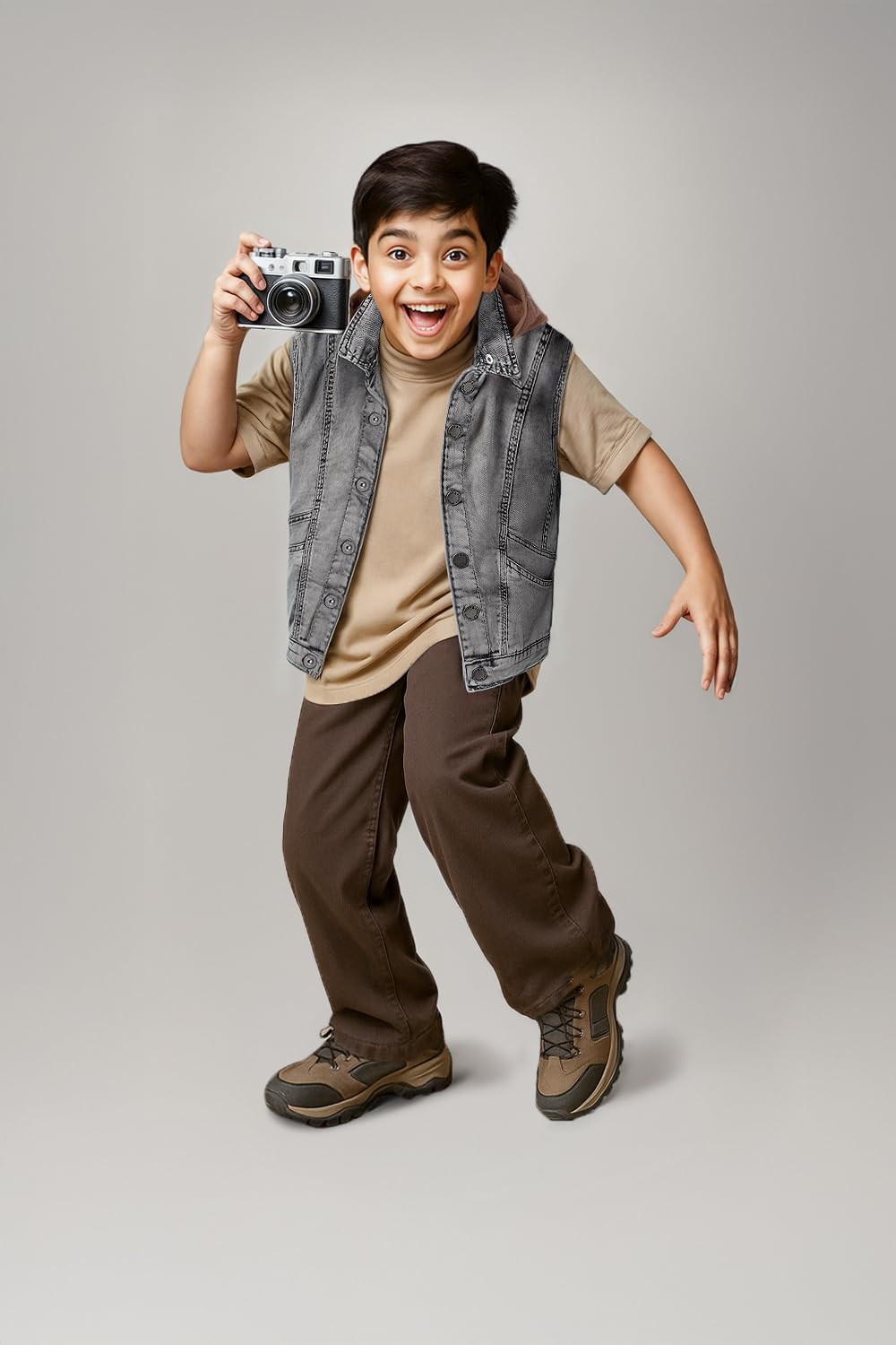 Tales & Stories Boys Grey Hooded Jacket | Cotton Poly Solid Sleeveless Waistcoat | 2 Pockets, Button Closure | Casual Regular Fit | Mid Length | Towel Wash Finish 2