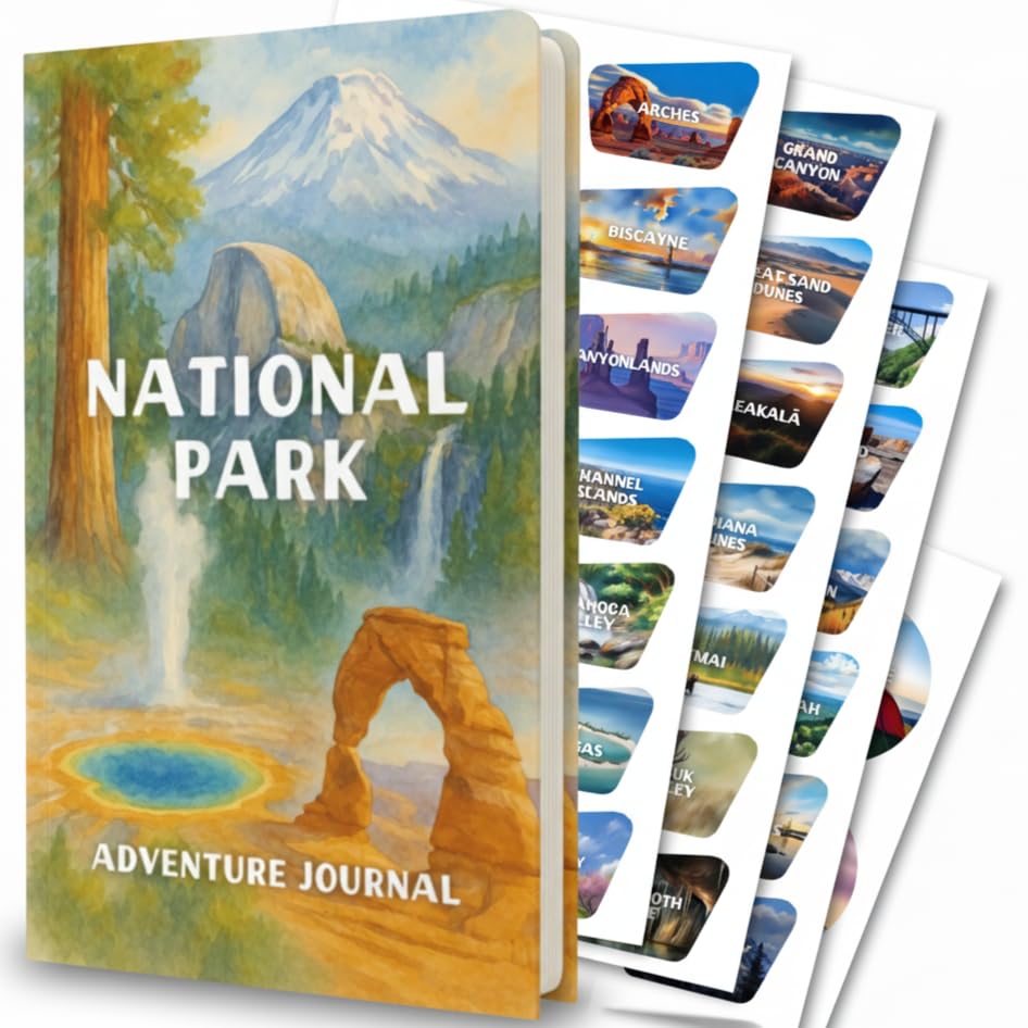 National Park Adventure Journal & Passport Tracker Book – 63-Park Sticker Set, Checklist, & Nature Journal Prompts – Gift for National Park Lovers &