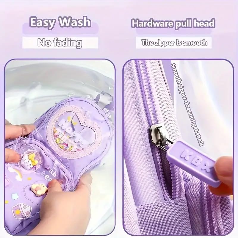 Image of Invite Enterprise Polyester Kawaii Pencil Case - 3 Compartment Aesthetic for Girls, Large Multifunctional Stationery Organizer for School Office (Happy Time Purple)