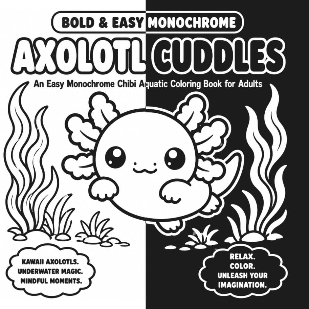 Bold & Easy Monochrome: Axolotl Cuddles: An Easy Monochrome Chibi Aquatic Coloring Book for Adults featuring the One-Pen Ritual