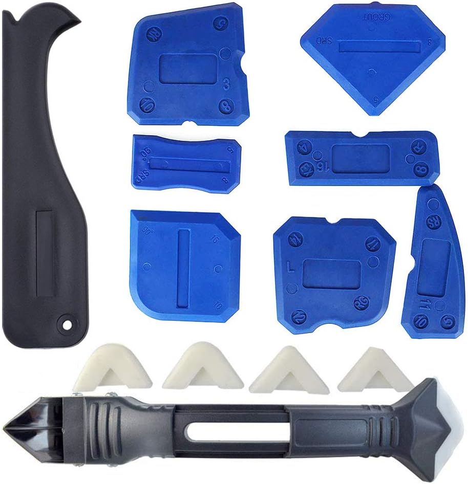Kalolary 14 pcs Caulking Tool Kit, 3 in 1 Caulking Tools Silicone Sealant Finishing Tool Grout Scraper Caulk Remover Caulk for Bathroom Kitchen Room Sealing and Frames Sealant Seals