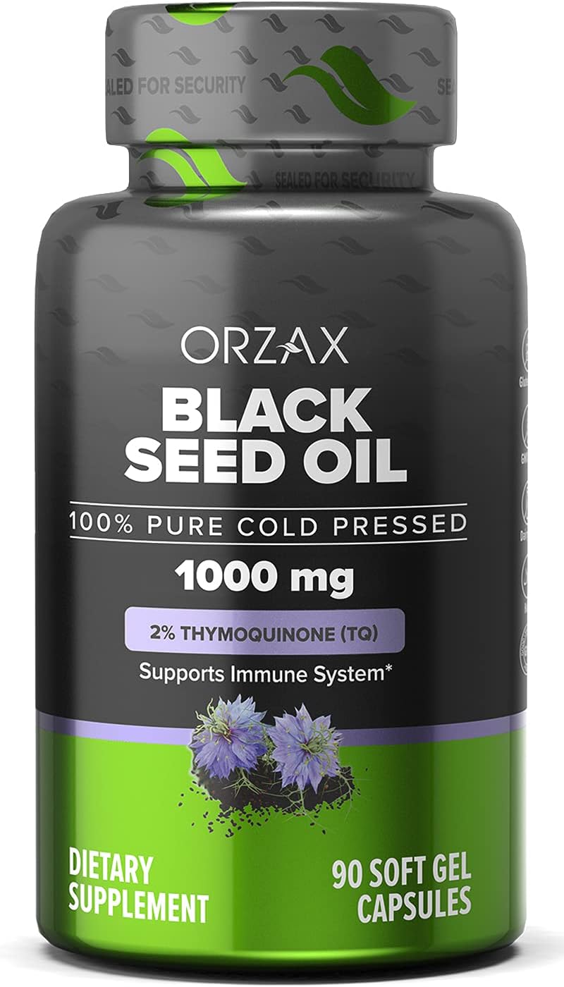 ORZAX Black Seed Oil Capsules 1000mg, High Strength 20mg Thymoquinone, 90 Cold Pressed Nigella Sativa Softgels