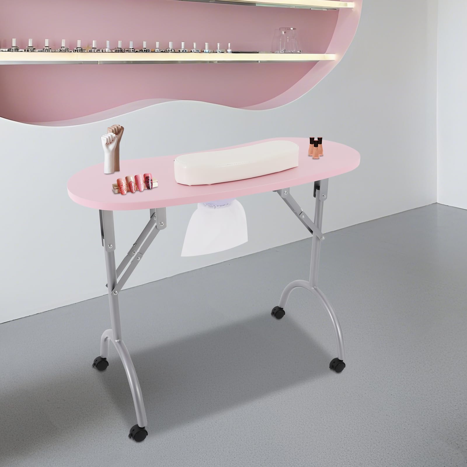Tavolo per unghie con ventosa, pieghevole, 90 x 40 cm, 4 ruote, colore: rosa