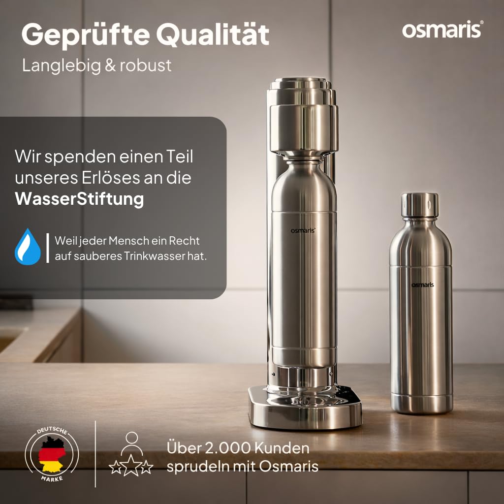 Wassersprudler aus hochwertigem Edelstahl - Design Soda Maker inkl. 2x 1,1 L Edelstahlflaschen - geschmacksneutral & 100% dicht - Sprudelwasser Maschine mit Druckablassventil für moderne Küchen