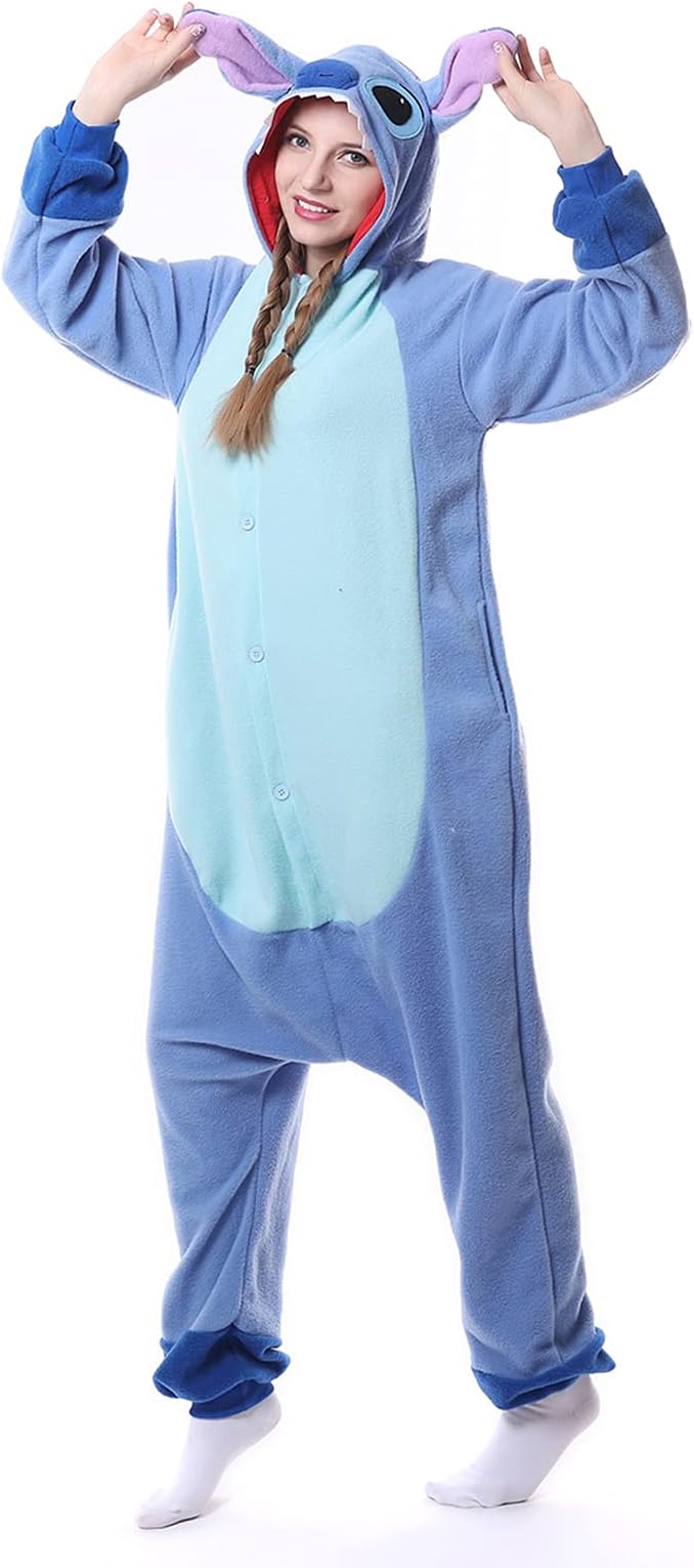 Unisex Blue Fleece Onesie Pajamas Animal Cosplay Costumes Halloween Cartoon Sleepsuit Lounge Wear