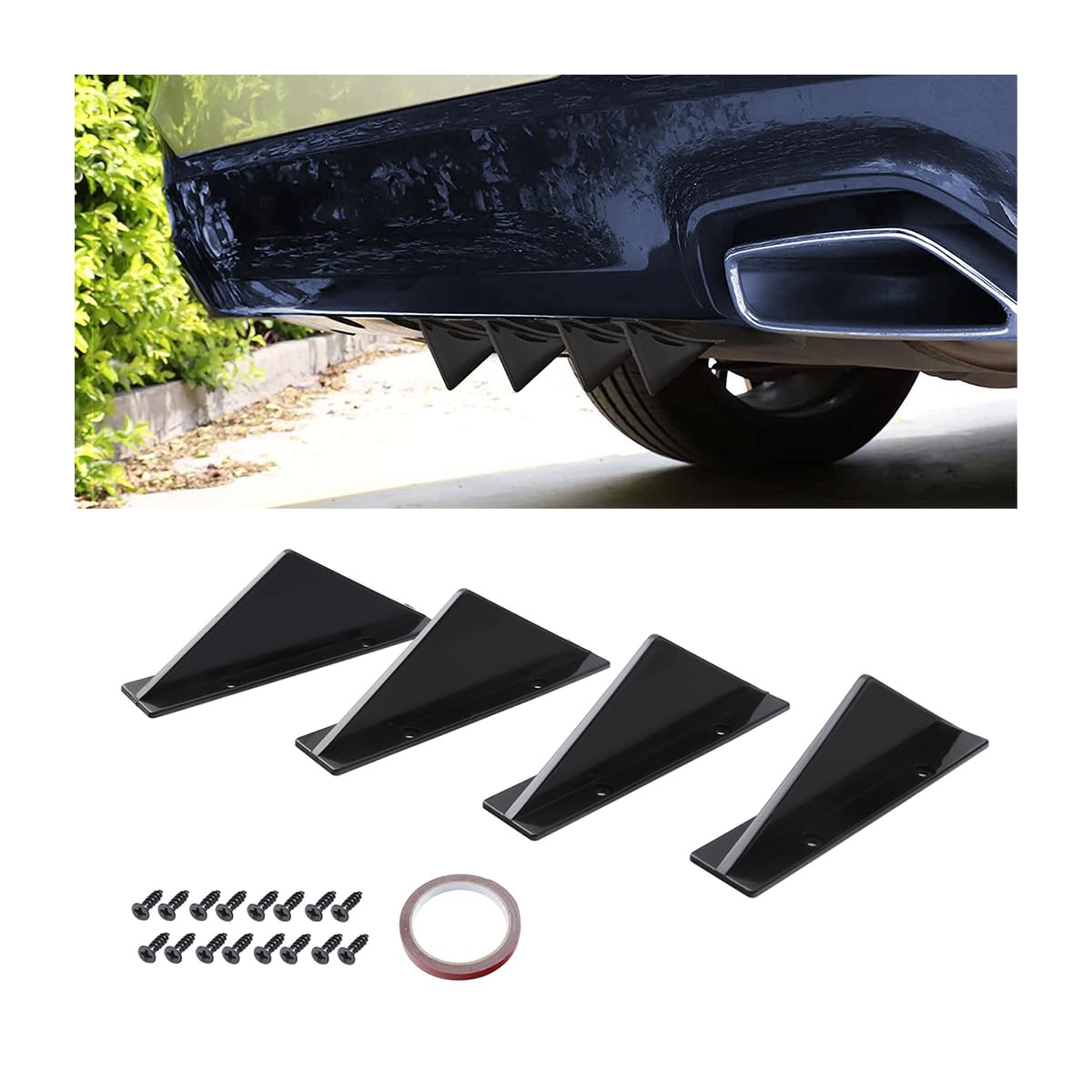 JNNJ 4 Stuks Universele Auto Diffuser Spoiler - Achterbumper Decoratie Chassis Haai Vin (Zwart/Plat