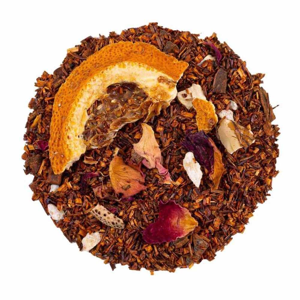 Rooibos de Canela, Naranja y Caramelo a Granel 100 Gramos - Cultivo Sostenible - Ingredientes Naturales: Alcaravea, Almendra, Canela, Caramelo, Cardamomo, Clavo, Jengibre, Naranja, Nuez.