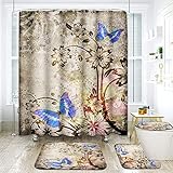 Floral Butterfly Bathroom Set with Shower Curtain and Rugs Accessories, Butterfly Butterfly Shower Curtain for Bathroom Vintage Bathroom Decor 4 Pcs