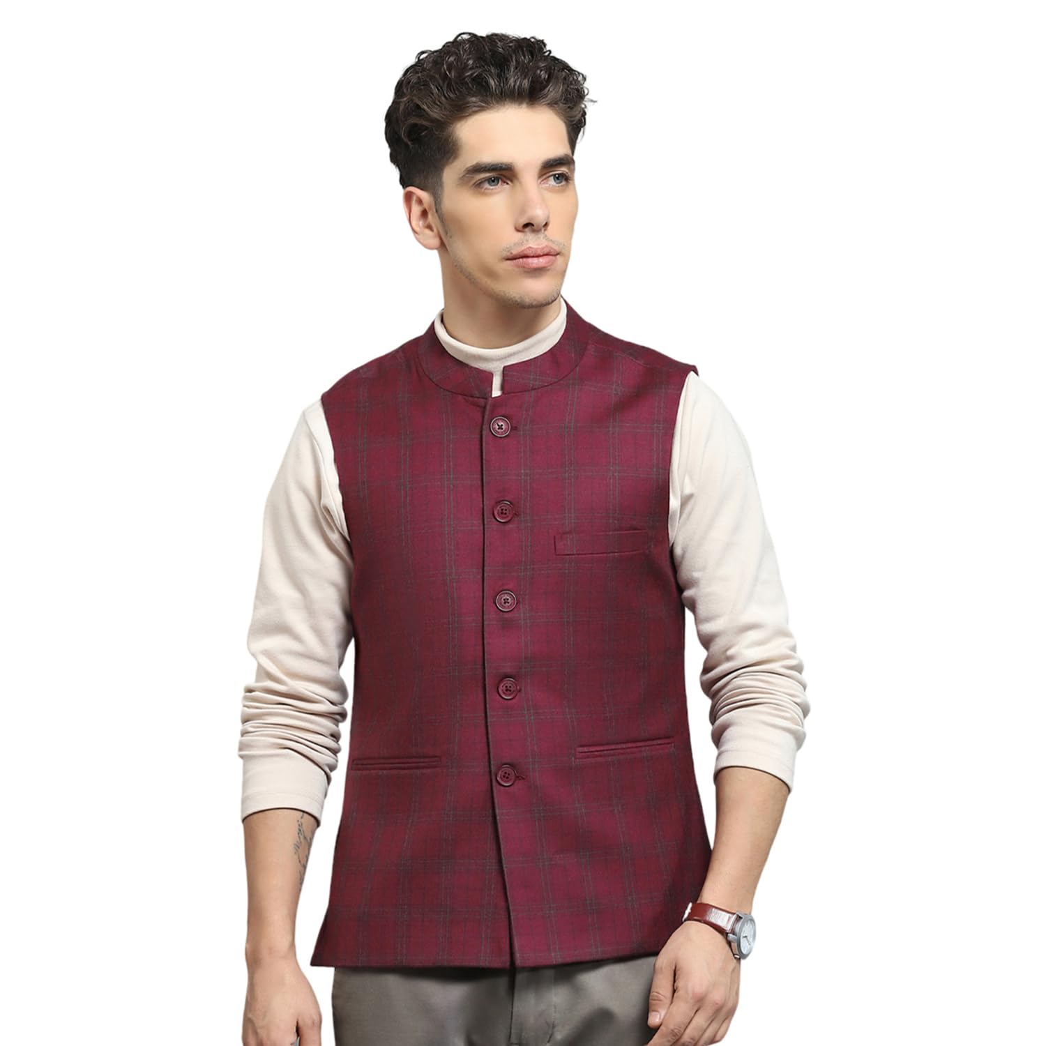 Mens Solid Maroon Band Neck Sleeveless Jacket_