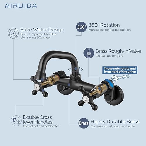 Vista 17 de Airuida Grifo de cocina de níquel cepillado para montaje en pared, boquilla de 8 pulgadas, montaje en pared, grifo de fregadero de lavandería